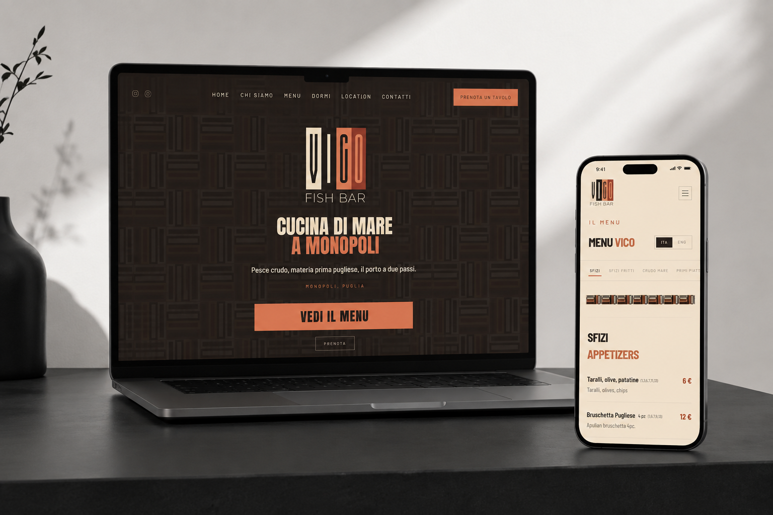 Presentazione del sito web di Vico Fish Bar su desktop e mobile